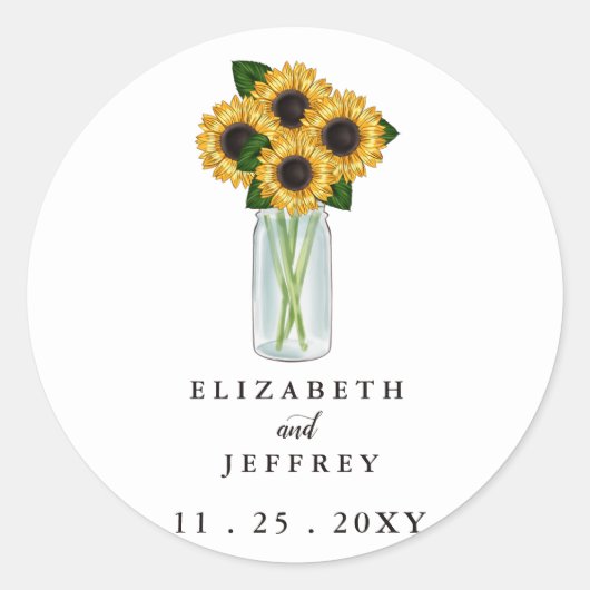 Rustic Mason Jar Sunflower Wedding Ronde Sticker (Voorkant)