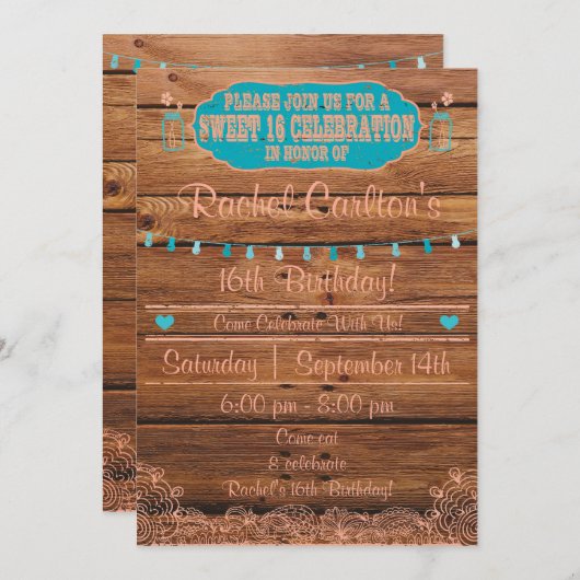 Rustic Mason Jar Sweet 16 Verjaardag Uitnodigen Kaart (Voorkant / Achterkant)