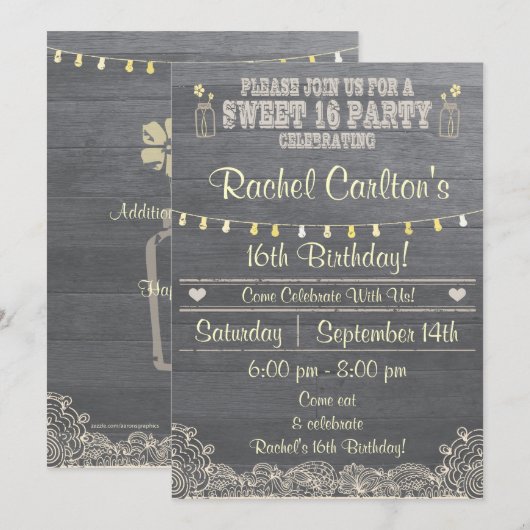Rustic Mason Jar Sweet 16Birthday Party Uitnodigen Kaart (Voorkant / Achterkant)