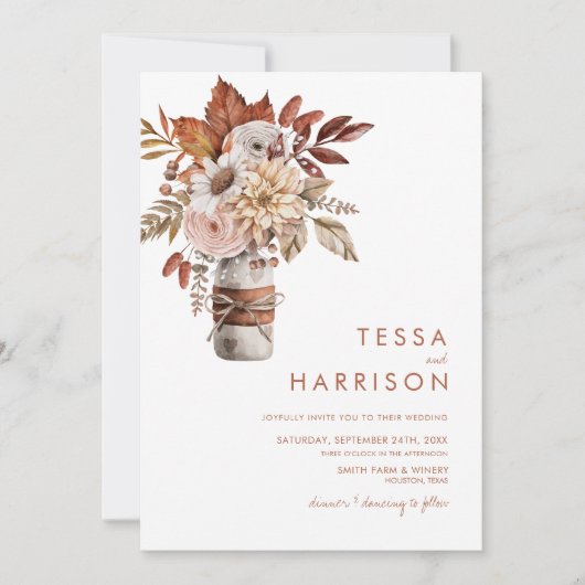 Rustic Mason Jar Waterverf Floral Wedding Kaart (Voorkant)