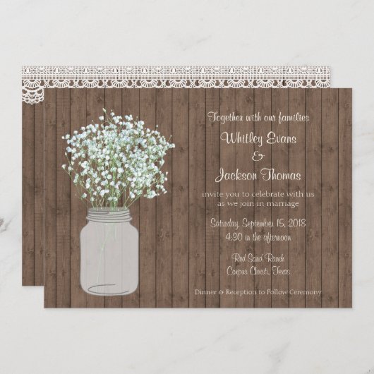 Rustic Mason Jar Wedding Invitation on Wood Kaart (Voorkant / Achterkant)
