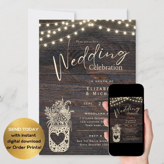 Rustic Mason Jar Wedding nodigt DIGITAL en Print u Kaart