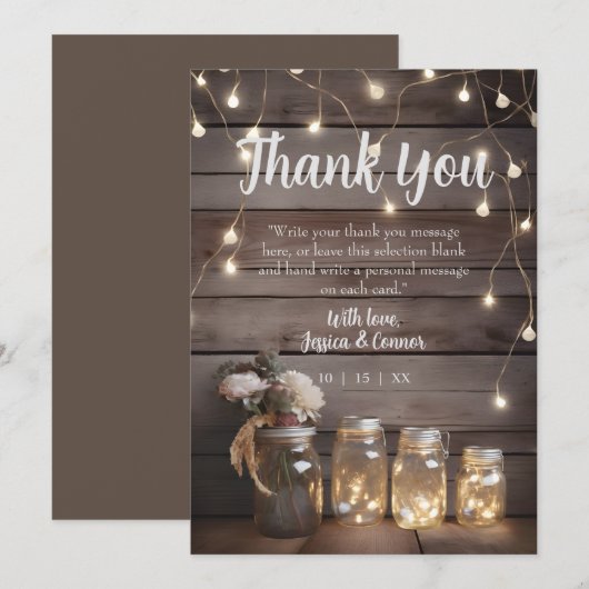Rustic Mason Jar Wedding Wood Barn Background Bedankkaart (Voorkant / Achterkant)