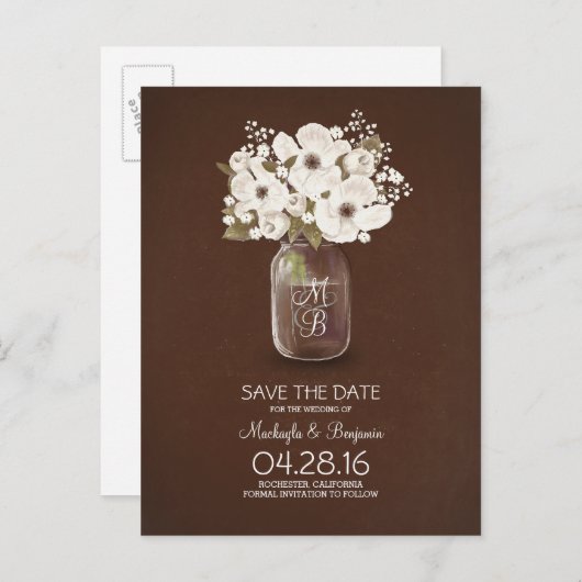 Rustic Mason Jar White Flowers Bewaar de datum Aankondigingskaart (Voorkant / Achterkant)