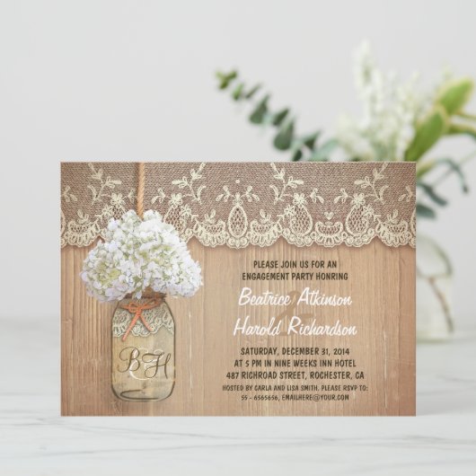 Rustic Mason Jar White Hydrangea verlovingsfeest Kaart (Staand voorkant)