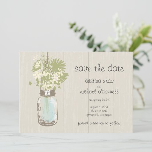 Rustic Mason Jar & Wildflower Sla de datum op Save The Date (Staand voorkant)