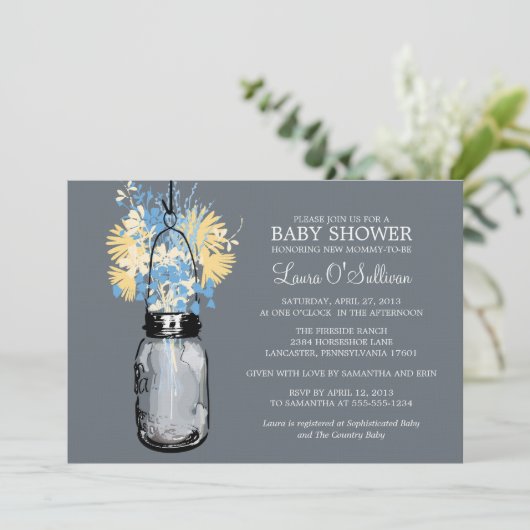 Rustic Mason Jar Wildflowers Baby shower Kaart (Staand voorkant)