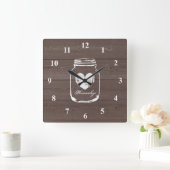 Rustic mason jar wood grain panel wall clock vierkante klok (Huis)