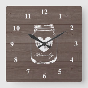 Rustic mason jar wood grain panel wall clock vierkante klok