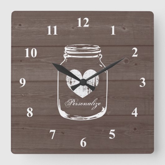 Rustic mason jar wood grain panel wall clock vierkante klok (Voorkant)