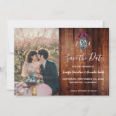 Rustic Mason jar wood monogram photo Save the Date Kaart (Voorkant)