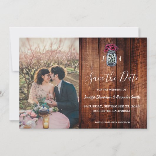 Rustic Mason jar wood monogram photo Save the Date Kaart (Voorkant)