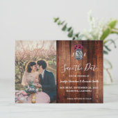 Rustic Mason jar wood monogram photo Save the Date Kaart (Staand voorkant)