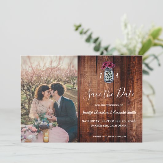 Rustic Mason jar wood monogram photo Save the Date Kaart (Staand voorkant)