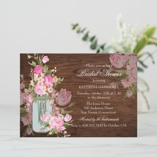 Rustic Mason Jar & Wood Vrijgezellenfeest Invite Kaart (Staand voorkant)