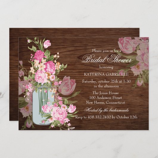 Rustic Mason Jar & Wood Vrijgezellenfeest Invite Kaart (Voorkant / Achterkant)