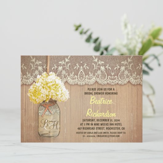 Rustic Mason Jar Yellow Hydrangea vrijgezellenfees Kaart (Staand voorkant)