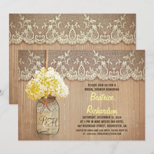 Rustic Mason Jar Yellow Hydrangea vrijgezellenfees Kaart (Voorkant / Achterkant)