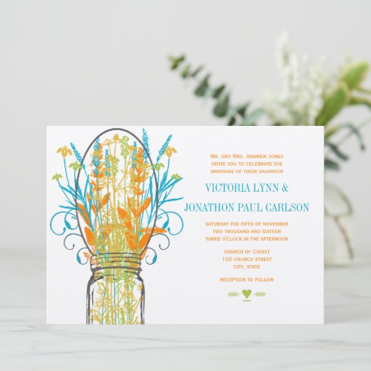 Rustic Mason Jar Yellow Oranje Limoen Aqua Wedding Kaart (Staand voorkant)