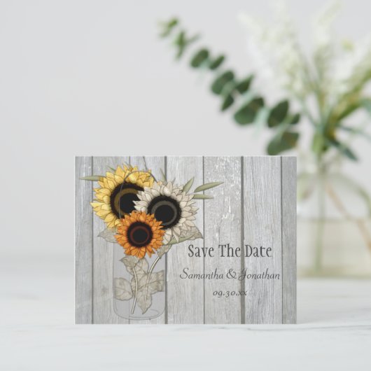 Rustic Mason Jar Zonnebloemen Bewaar de datum Aankondigingskaart (Staand voorkant)