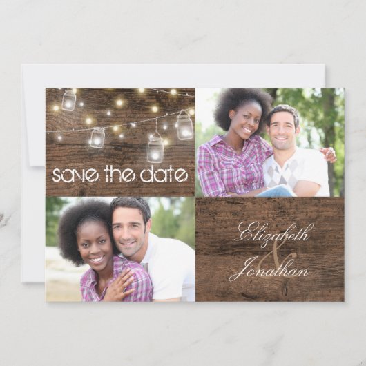 Rustic Mason Jars and String Lights Photo Wedding Save The Date (Voorkant)