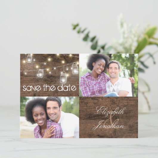 Rustic Mason Jars and String Lights Photo Wedding Save The Date (Staand voorkant)