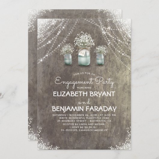 Rustic Mason Jars Baby's Breath Engagement Party Kaart (Voorkant / Achterkant)