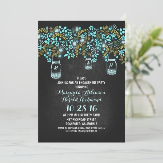 Rustic Mason Jars Chalkboard Engagement Party Kaart (Staand voorkant)