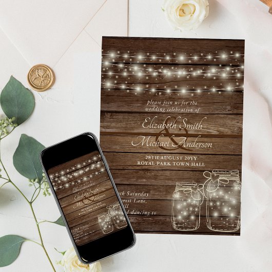 Rustic Mason Jars en Lights Wedding Invitations