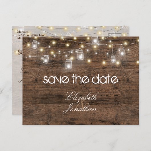 Rustic Mason Jars en String Lights bewaren de datu Aankondigingskaart (Voorkant / Achterkant)