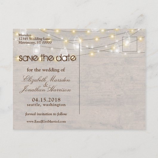 Rustic Mason Jars en String Lights bewaren de datu Aankondigingskaart (Achterkant)
