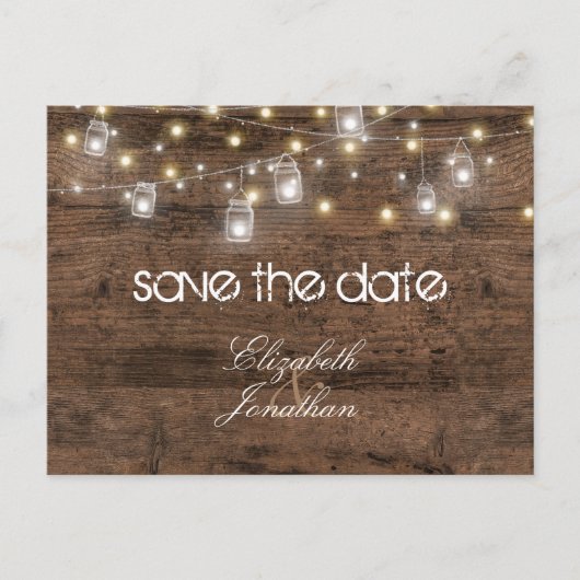 Rustic Mason Jars en String Lights bewaren de datu Aankondigingskaart (Voorkant)
