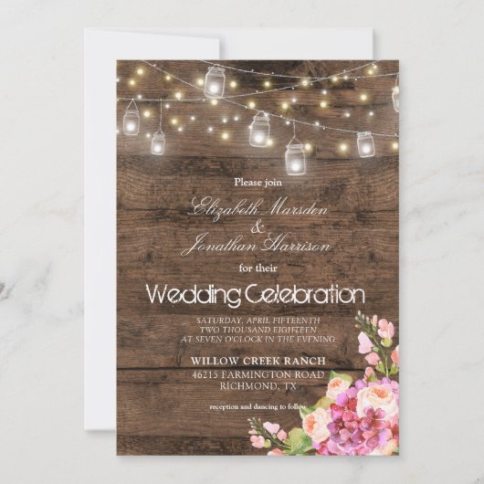 Rustic Mason Jars Lights Blush Floral Wedding Kaart (Voorkant)