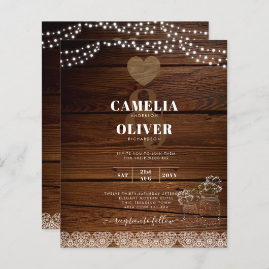 Rustic Mason Jars Lights Lace Gypsophilia WEDDING (Voorkant / Achterkant)