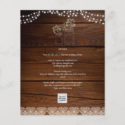 Rustic Mason Jars Lights Lace Gypsophilia WEDDING Flyer (Achterkant)