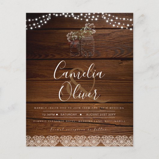 Rustic Mason Jars Lights Lace Gypsophilia WEDDING Flyer (Voorkant)