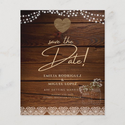 Rustic Mason Jars Lights Lace Gypsophilia WEDDING Flyer (Voorkant)