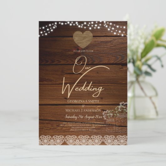 Rustic Mason Jars Lights Lace Gypsophilia WEDDING Kaart (Staand voorkant)