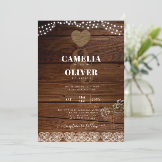 Rustic Mason Jars Lights Lace Gypsophilia WEDDING Kaart (Staand voorkant)