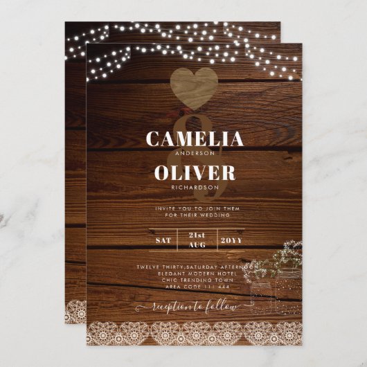 Rustic Mason Jars Lights Lace Gypsophilia WEDDING Kaart (Voorkant / Achterkant)