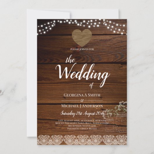 Rustic Mason Jars Lights Lace Gypsophilia WEDDING Kaart (Voorkant)