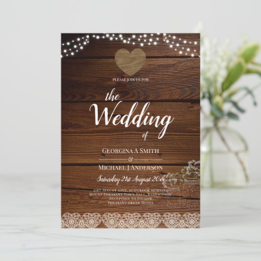 Rustic Mason Jars Lights Lace Gypsophilia WEDDING Kaart (Staand voorkant)