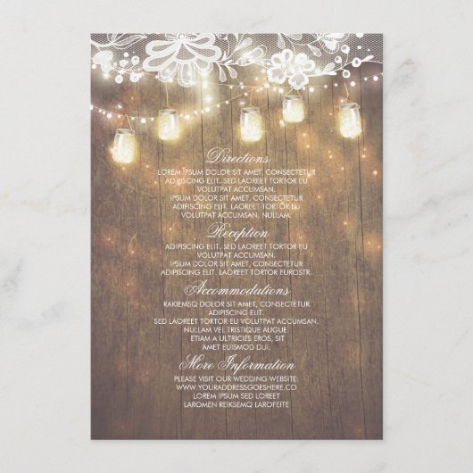 Rustic Mason Jars Lights Lace Wedding Informatie Informatiekaartje (Voorkant)