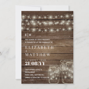Rustic Mason Jars Lights Wood Wedding Invitations Feestdagenkaart