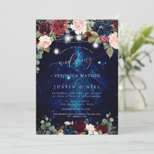 Rustic Mason Jars Midnight Sky Bourgondische bloem Kaart (Staand voorkant)