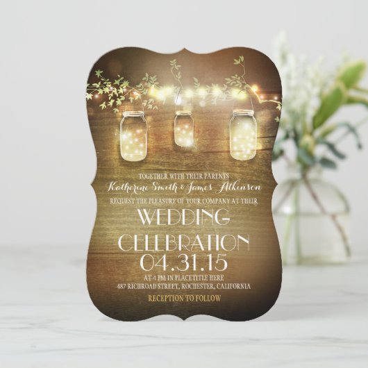 Rustic Mason Jars String Lights Elegant Wedding Kaart (Staand voorkant)