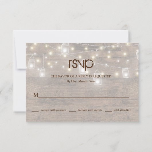 Rustic Mason Jars & String Lights Enclosure RSVP Kaartje (Achterkant)