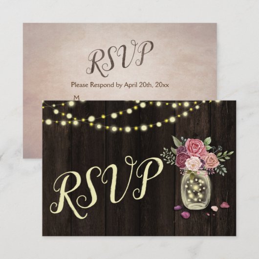 Rustic Mason Jars String Lights Floral Dark Wood RSVP Kaartje (Voorkant / Achterkant)
