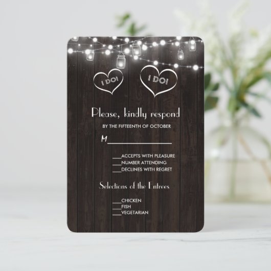 Rustic Mason Jars String Lights Old Barn Wedding RSVP Kaartje (Staand voorkant)