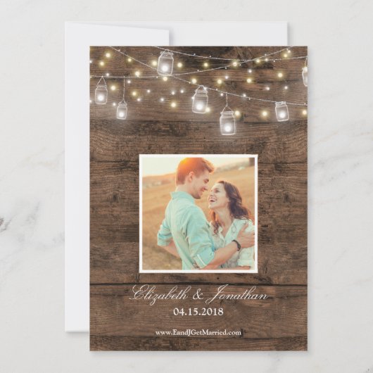Rustic Mason Jars String Lights Photo Wedding Kaart (Achterkant)